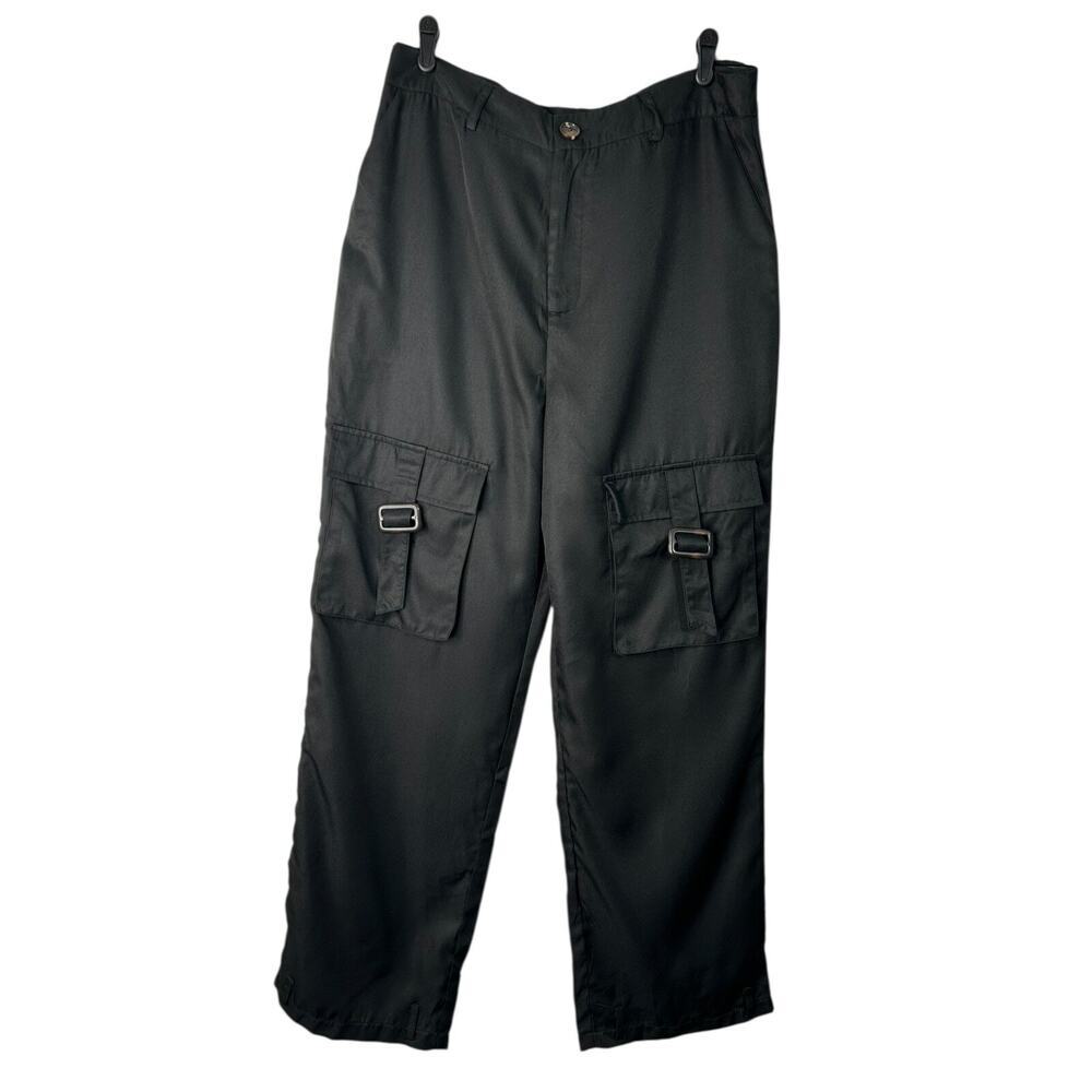 Pretty Little Thing Tall Black Cargo Pocket Detail Buckle Trouser SZ 14 Wide Leg - Picture 1 of 12